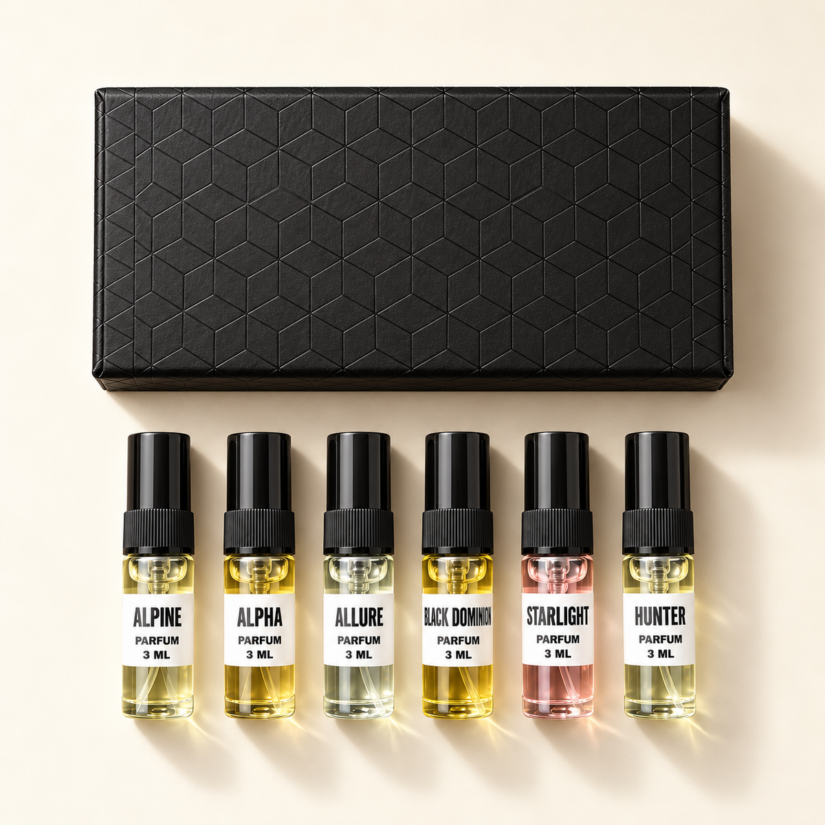 INTENSE Discovery Set with black geometric box and six 3 ml fragrance spray vials